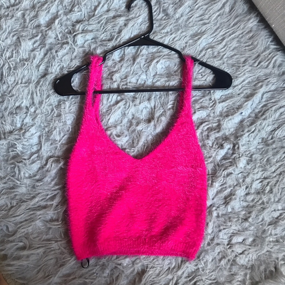 Hot pink fuzzy v neck spaghetti strap crop top